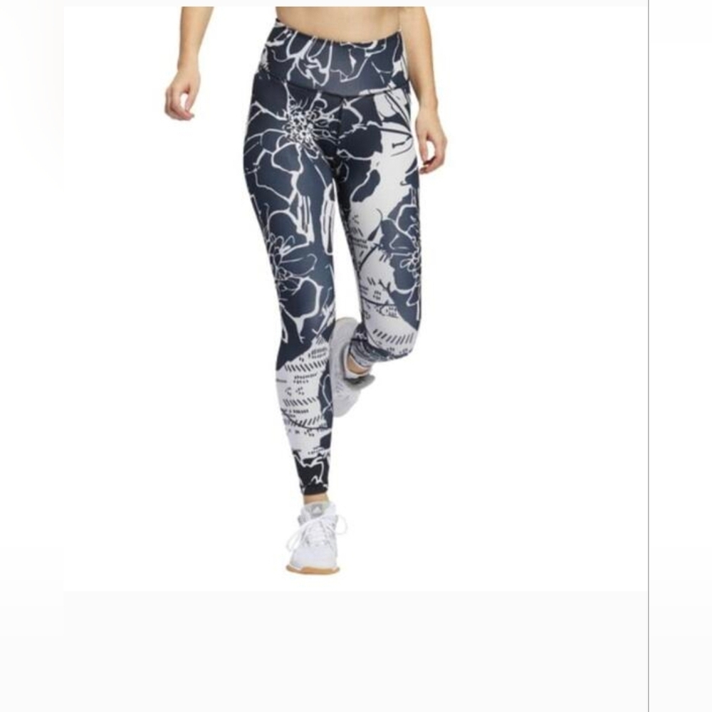 New Black White Flower Adidas Women's OPTIME Training Tights Aeroready H64193 XS